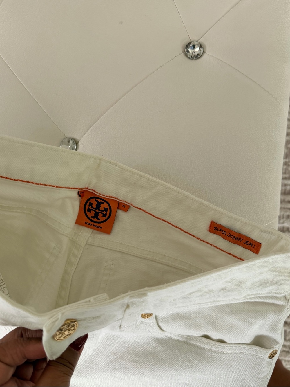 Tory Burch Cream Super Skinny Jeans with Gold Hardware